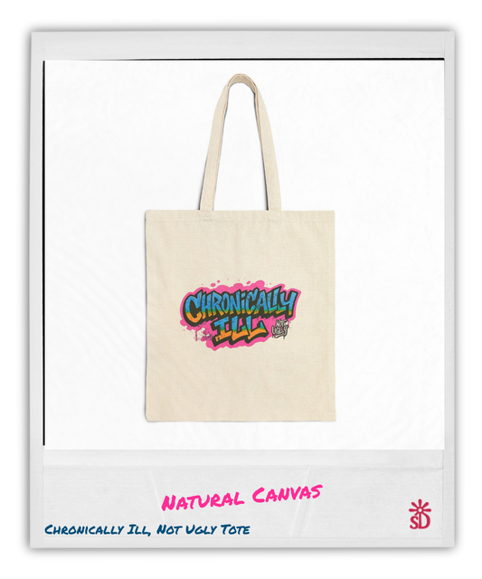Tote bag with colorful text design on a white background